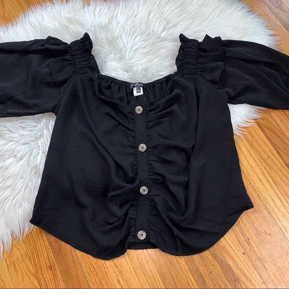 Curvy Sense Off The Shoulder Gathered Button Top